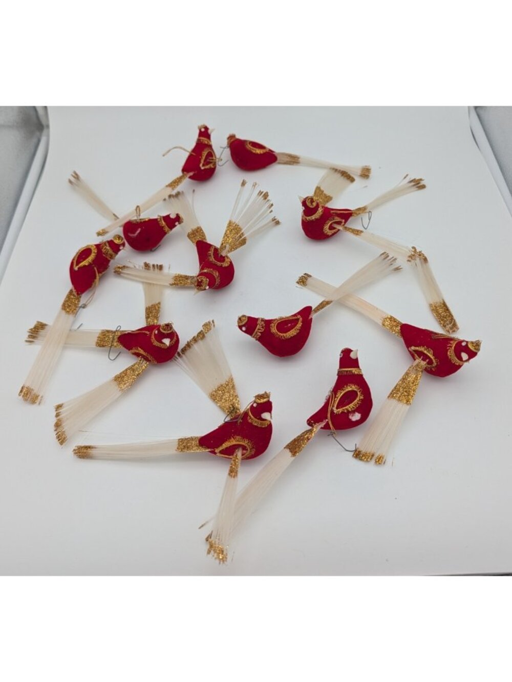 11 VTG Christmas Ornaments Red Birds Wired Long Tails wings Gold Glitter AS IS